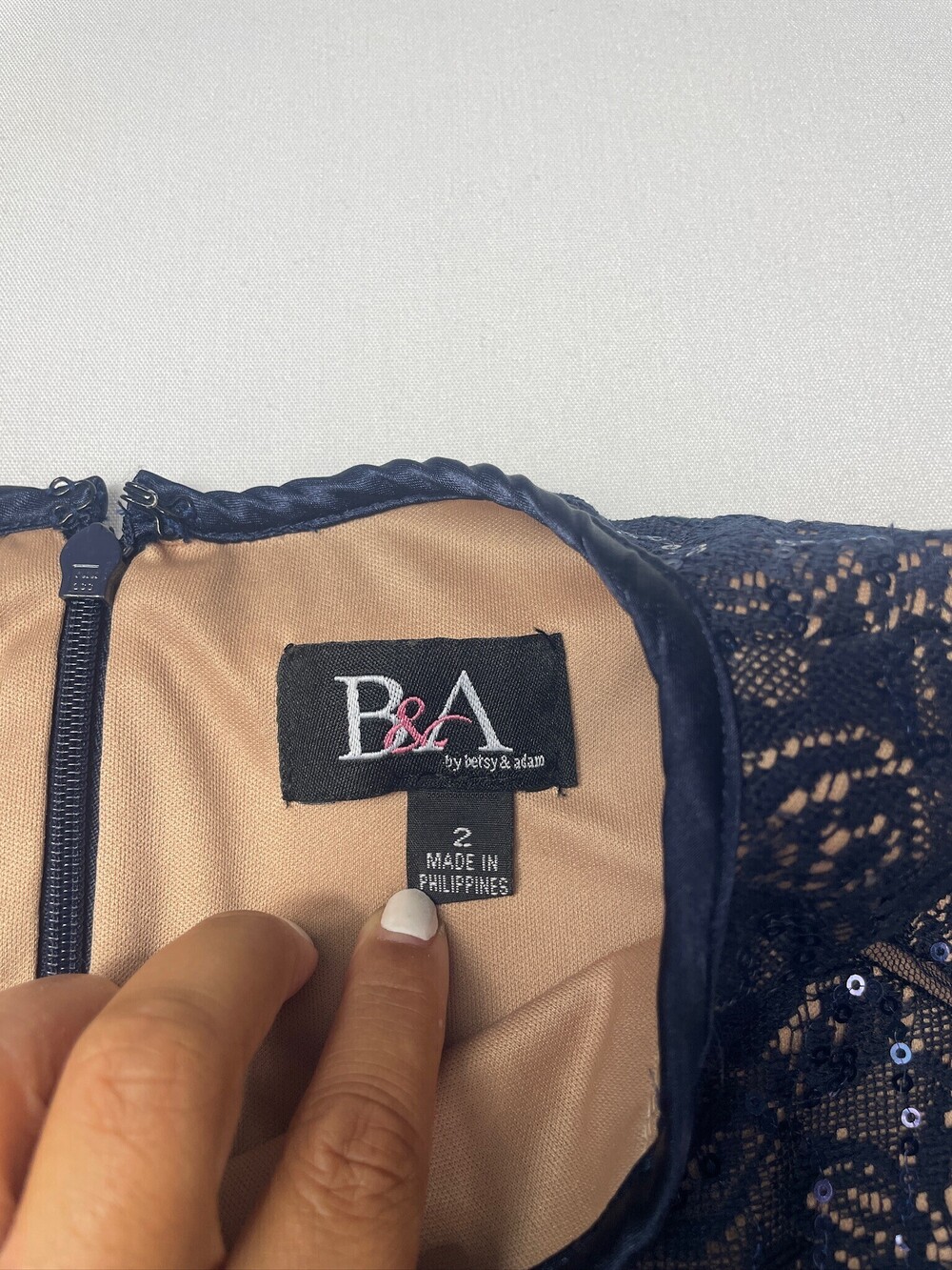 B&A by Betsy & Adam Navy Sequin Lace Ruched Cocktail Dress Size 2 - Picture 9 of 9